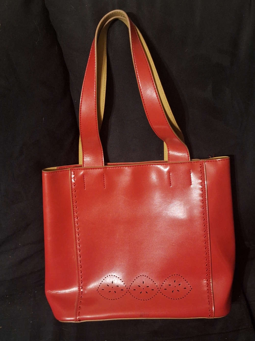 Mondani Red faux Leather Shoulder Tote with Tan Trim